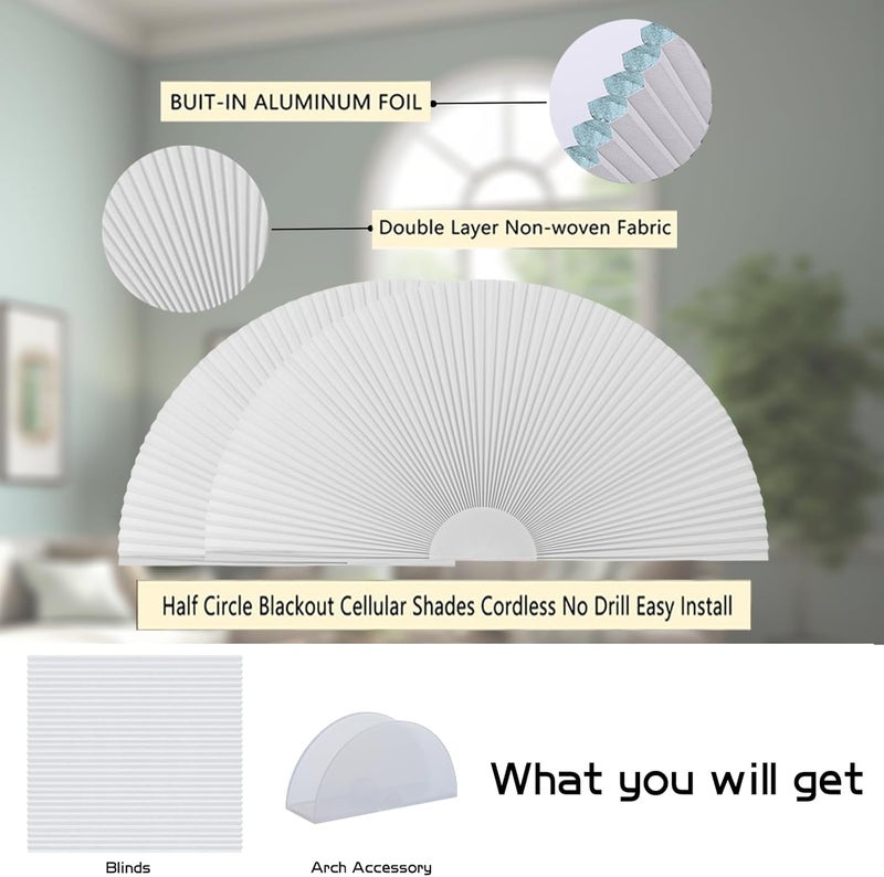 Jlong Arch Window Shade Blackout Half Circle Moon Pleated Fabric No Drill Blinds for Windows Semicircular Cellular Shades Half Round Window Covering Easy Install (1, White, W*H: 36"x18"（Radius: 18"）) - Image 2